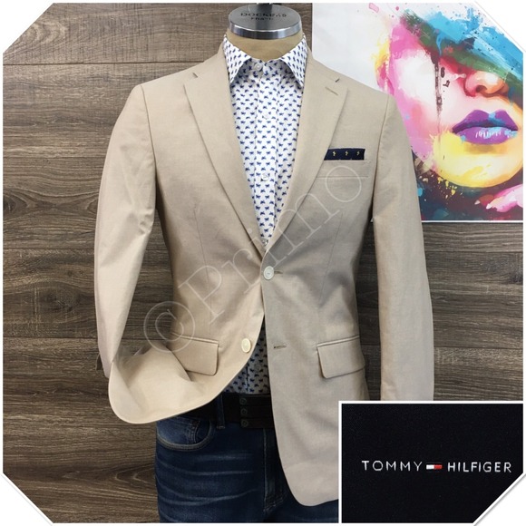 TOMMMY HILFIGER Mens Blazer Sport Coat Casual‎ Jacket Size 36R Beige Cotton Suit